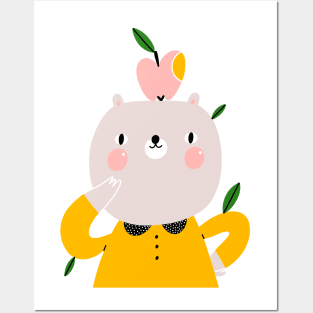 Cute cartoon bear with an apple Posters and Art